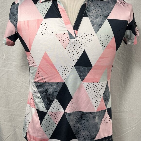 Yatta Golf Tops - Yatta Golf Womens Polo Shirt Medium Pink Black Geometric Print Performance Top